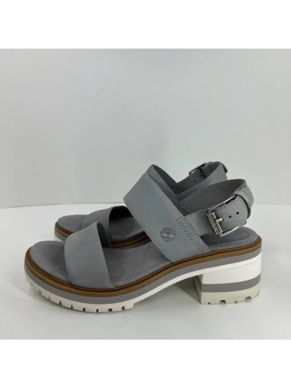 Timberland Violet Marsh 2-Band Sandals Womens 8.5 Nubuck Leather Block Heel Gray - Picture 2 of 13